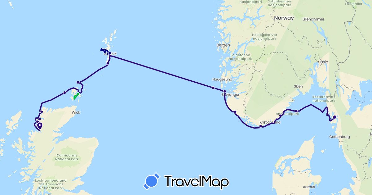 TravelMap itinerary: driving, bus, sailing in United Kingdom, Norway, Sweden (Europe)