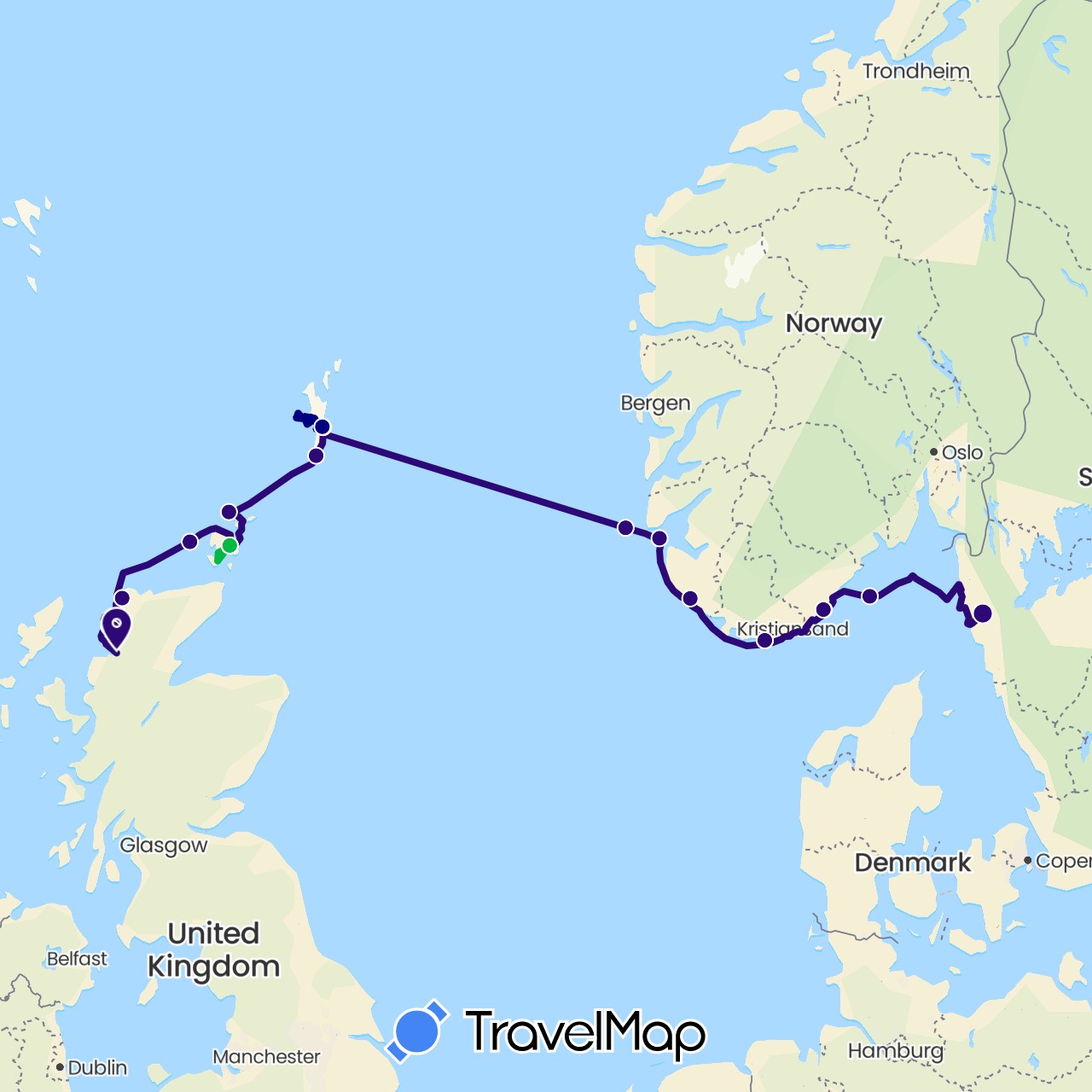 TravelMap itinerary: driving, bus, sailing in United Kingdom, Norway, Sweden (Europe)