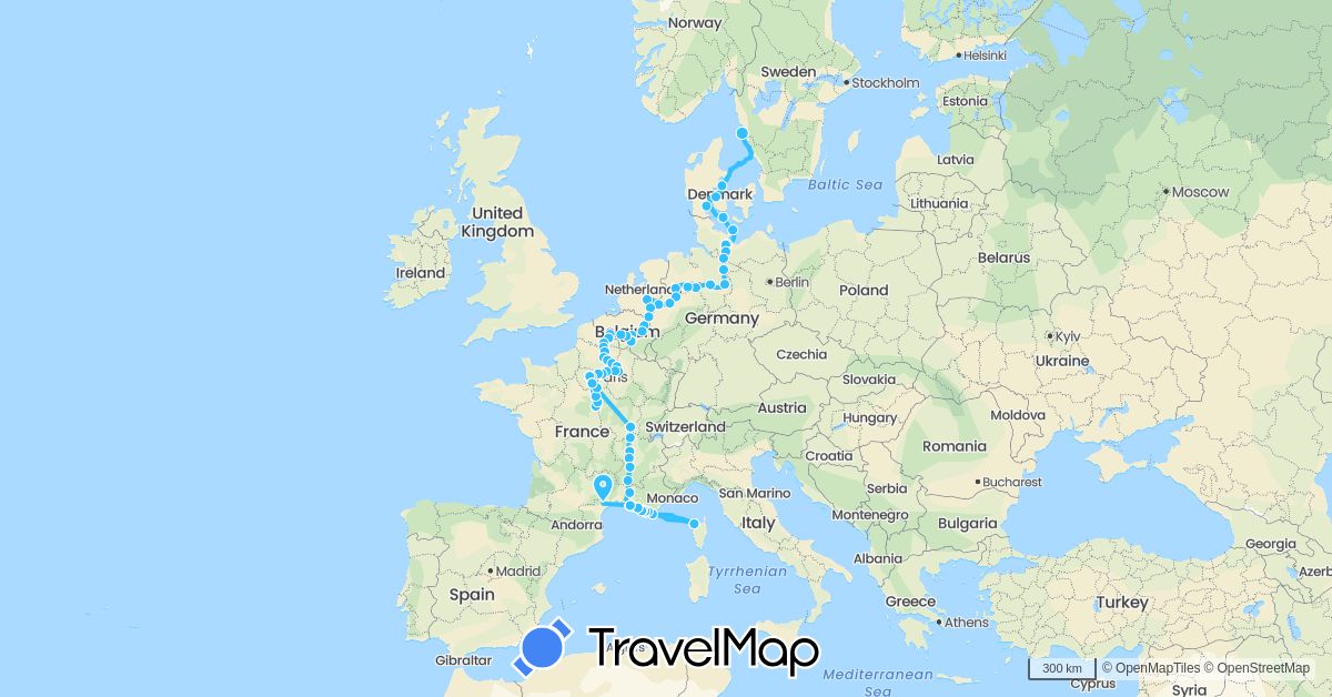 TravelMap itinerary: boat in Belgium, Germany, Denmark, France, Netherlands, Sweden (Europe)